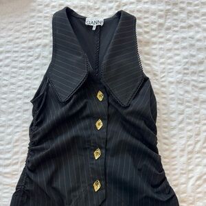 Ganni Black Pinstripe Sleeveless Vest with Gold Buttons